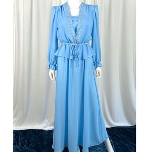 Vintage 1960’s Chiffon Belted Maxi Dress + Matching Floral Jacket in Blue • S/M